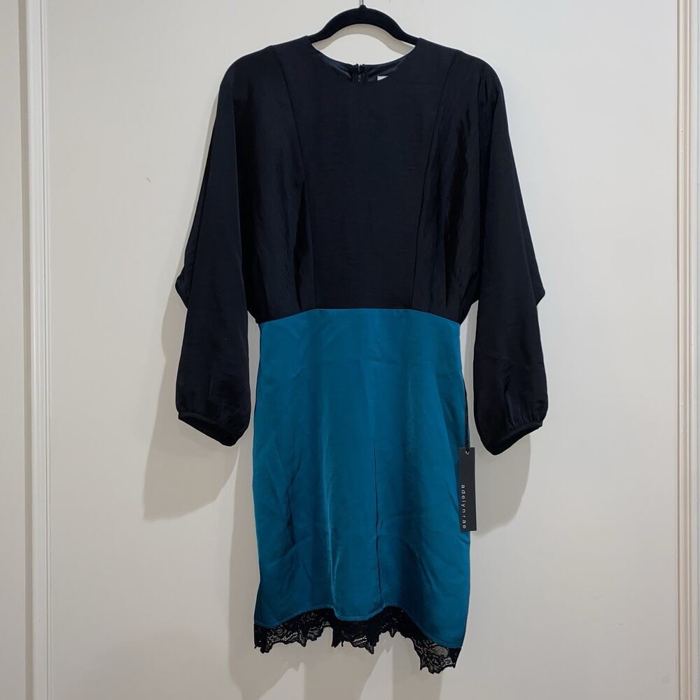 ADELYN RAE NWT $118 Mabel Two Tone Mini Cocktail Sheath Dress Black Teal Fall Sm